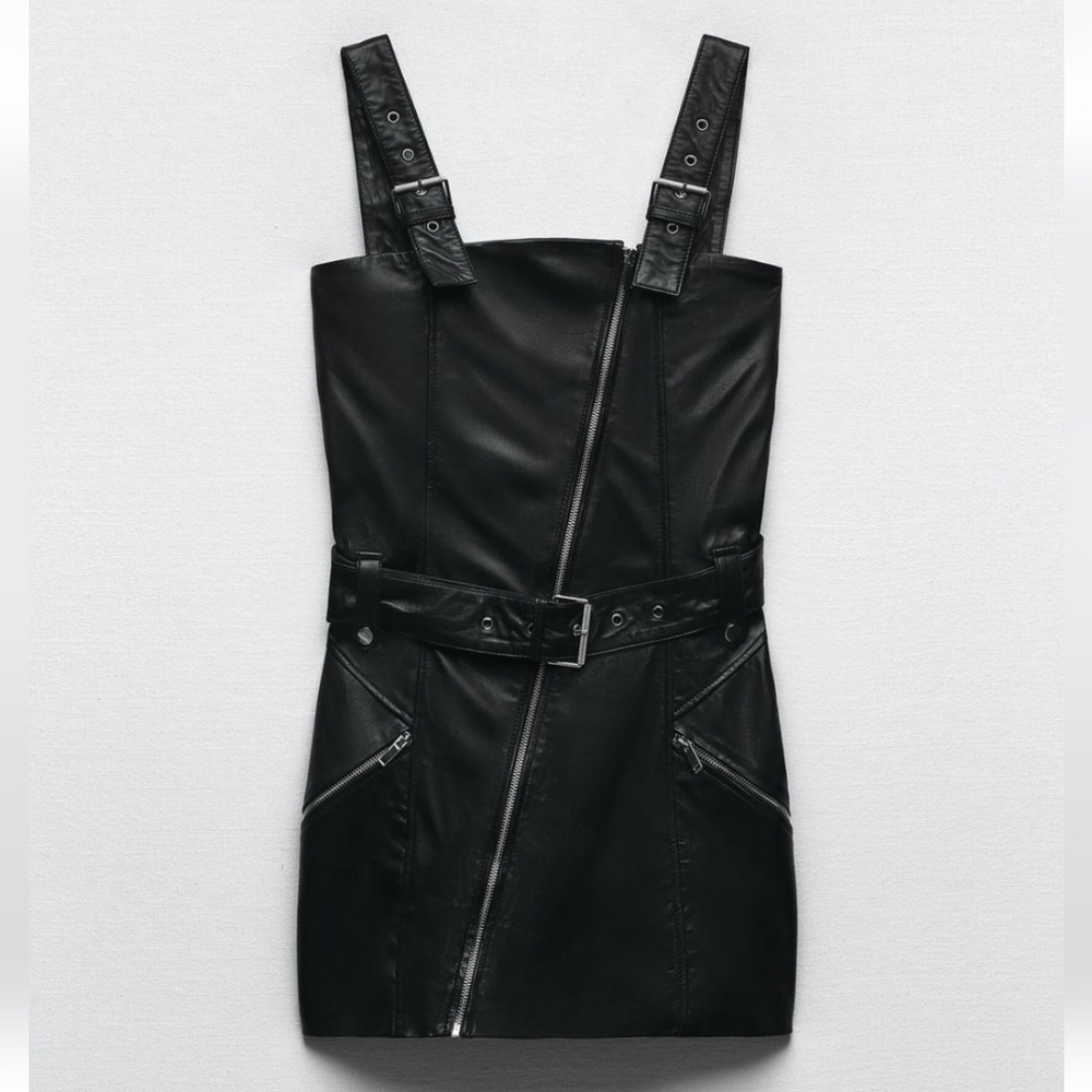 Zara Black Leather Dress with Belted Straps